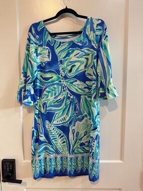 Lilly Pulitzer Vibrant Blue Tropical Leaf 3/4 Sleeve Shift Dress Sz M EUC